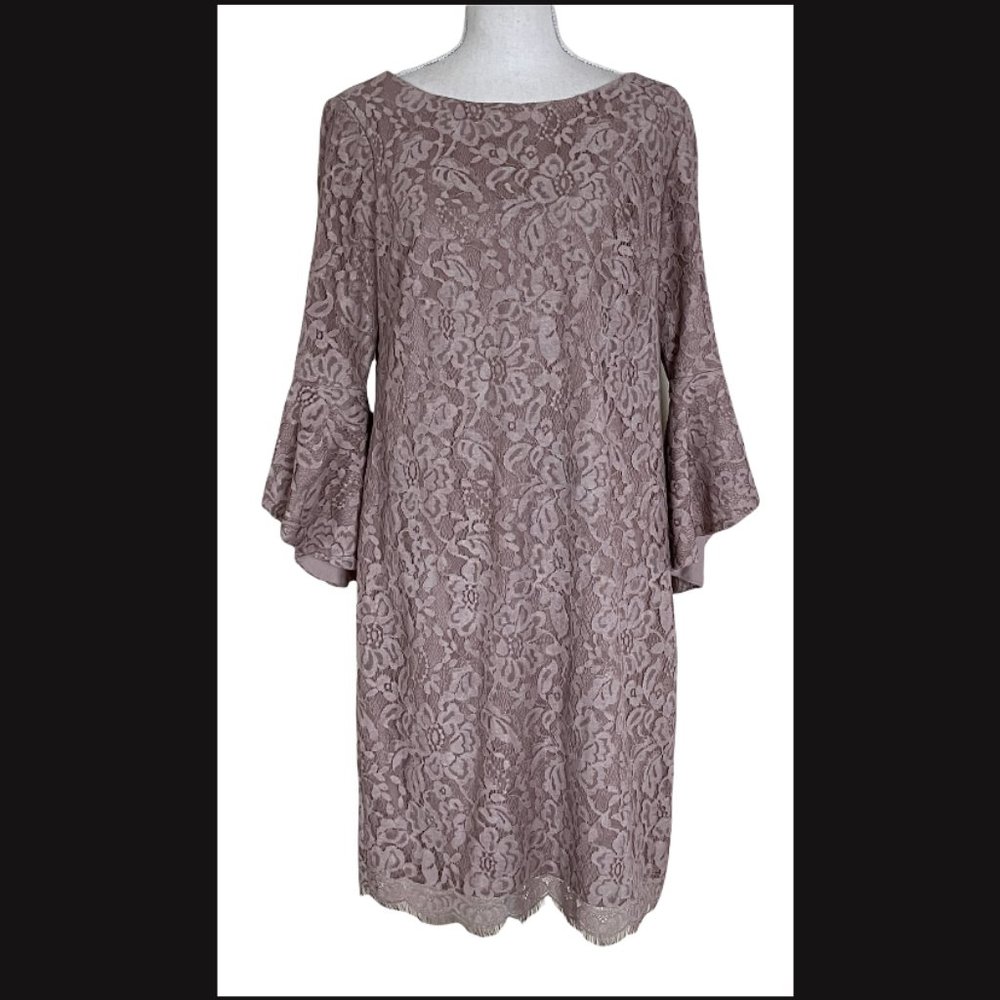 LESLIE FAY Mother of the Bride Mauve Lace with Bell Sleeve Dress Women's 12 VGC!